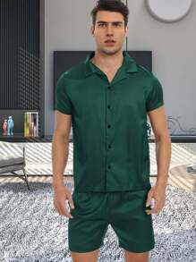 2pcs Men's Imitation Silk Satin Short Sleeve Pajama Set, Including Short Sleeve Top And Shorts, For Spring And Summer - Army Green - View 1