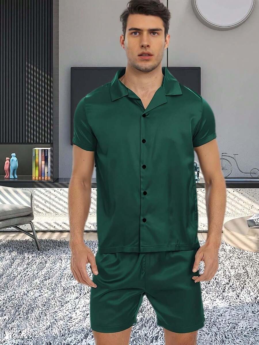 2pcs Men's Imitation Silk Satin Short Sleeve Pajama Set, Including Short Sleeve Top And Shorts, For Spring And Summer - Army Green - View 1