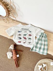 2pcs Baby Boy Casual Dinosaur Printed Short Sleeve T-Shirt And Plaid Shorts Set For Summer