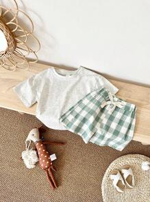 2pcs Baby Boy Casual Dinosaur Printed Short Sleeve T-Shirt And Plaid Shorts Set For Summer