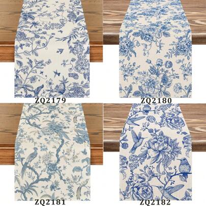 1 Stück eleganter blau-weißer Tischläufer im retro monochromen Skizzenmuster mit Vögeln und Blumen, Tischdecke im Retro-Floralmuster für Küche und Esszimmer, Innen- und Außendekoration für zu Hause, Party und Restaurantbedarf, 13 x 72 Zoll