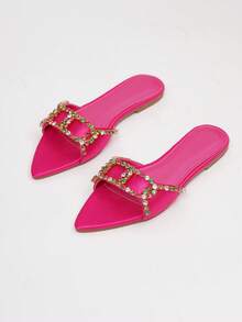 Women's Handmade Rhinestone Decoration Slip-On Sandals, Charming Toe-Revealing Shoes - Hot Pink - View 5