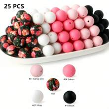 25pcs 15mm Silicone Solid Colorful Pattern Round Loose Beads For Jewelry Making DIY Special Key Bag Chain Pens Decors Bracelet Necklace Lanyards Beaded Craft Supplies