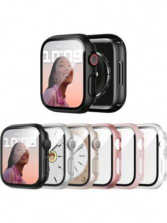6pcs PC + Tempered Glass All-In-One Watch Case, Anti-Drop Fashionable Casual Protective Cover, Compatible With Apple Watch 38/40/41/42/44/45/46/49mm, Compatible With Apple Watch Ultra/SE Series 11/10/9/8/7/6/5/4/3/2/1, Smart Watch Accessories
