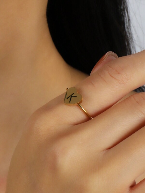 26pcs Stainless Steel Heart Shaped Initial Letter Rings, Adjustable Golden Alphabet Rings Suitable For Women's Daily Wear, Birthday Gifts