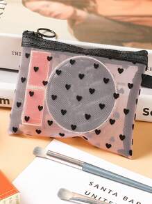 1 件/3 件爱心印花化妆包植绒透明储物袋、卡包、随身携带化妆包大容量化妆包便携式化妆品储物袋、零钱包盥洗袋、女士旅行便携储物袋、小包网眼化妆包贝壳包储物镂空盥洗袋、盥洗袋心形印花透明网眼化妆包旅行盥洗用品 - 粉色 - 查看 3