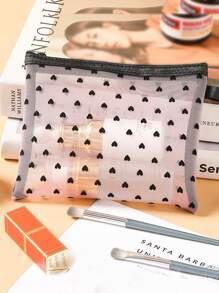 1 件/3 件爱心印花化妆包植绒透明储物袋、卡包、随身携带化妆包大容量化妆包便携式化妆品储物袋、零钱包盥洗袋、女士旅行便携储物袋、小包网眼化妆包贝壳包储物镂空盥洗袋、盥洗袋心形印花透明网眼化妆包旅行盥洗用品 - 粉色 - 查看 2