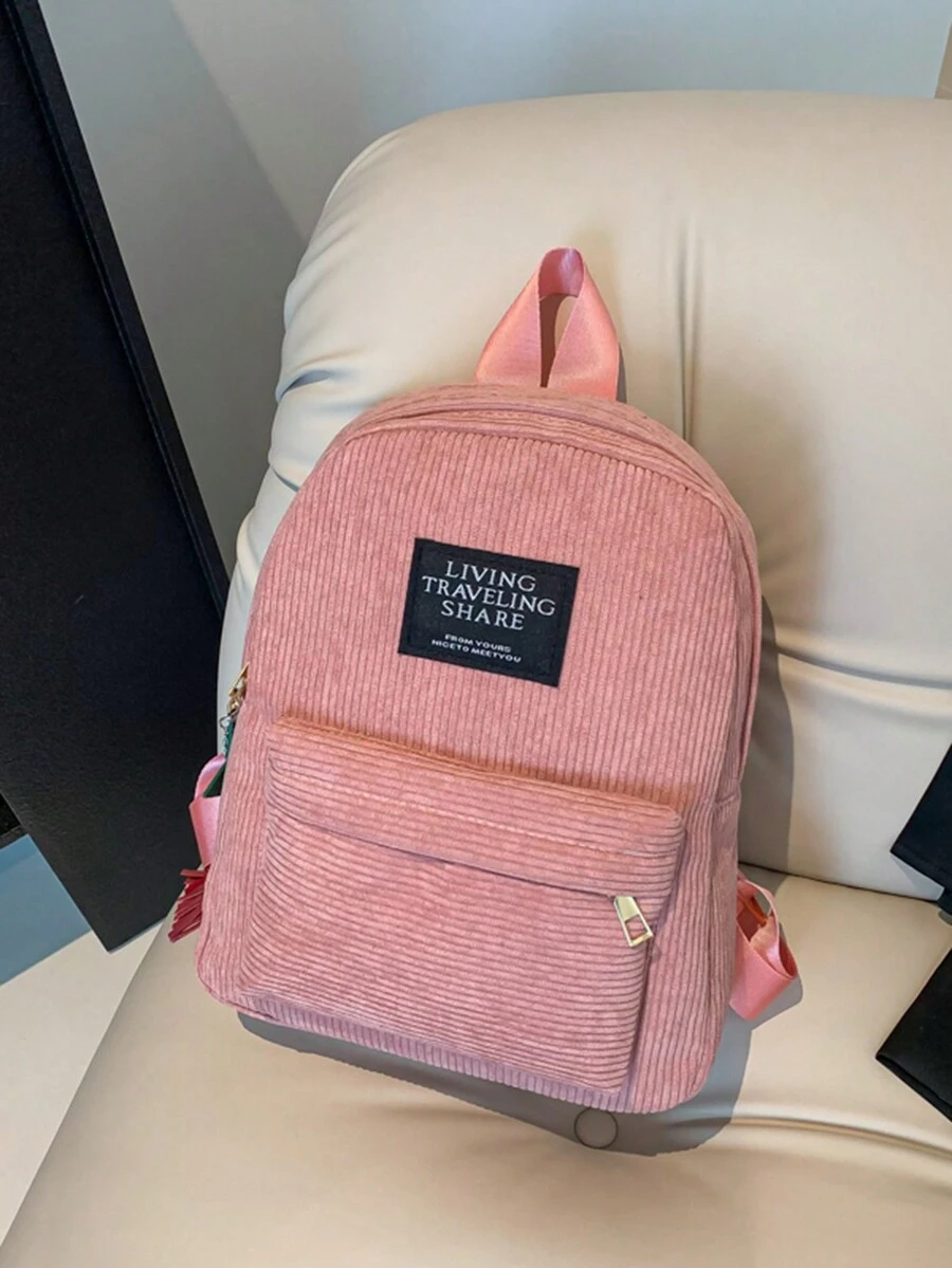 1pc Girls' Fringed Five-Pointed Star Academy Style Corduroy Backpack (With Pendant) - Pink - View 1