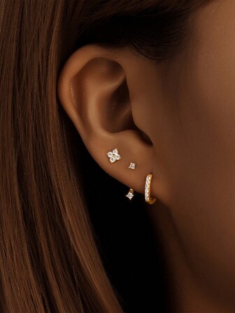 3 pièces Boucles d'oreilles à tige en argent sterling 925 avec fleurs, petits cubic zirconia cubiques. Boucles d'oreilles délicates pour hélix, tragus et cartilage. Bijoux de piercing à l'oreille avec motif de fleurs de cerisier. Cadeaux pour filles et adolescentes