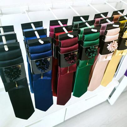 Men's Tie, Pocket Square And Brooch Set, Solid Color Necktie Party Suit, 24 Colors Available,Tie With Handkerchief And Pin, Three-Piece Set For Men's Fashion Party And Events, Gift For Men Included