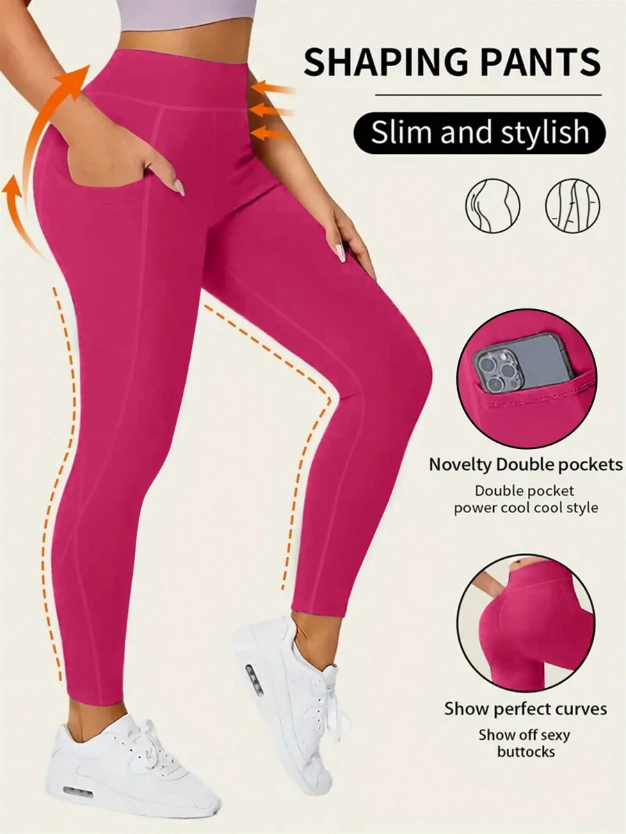 YINGHU Women'S High Waist Yoga Pants With Pockets, Squat Proof, Tummy Control, Moisture Wicking, Stretchy Workout Leggings For Yoga, Running, Fitness Tights - Pink - View 1