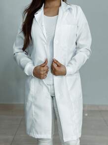 Jaleco Avental Oxford Feminino Tradicional Botão Manga Longa Enfermagem Medicina Acinturado Dentista Academico Estudante Saúde SUS - Branco - Visão 6