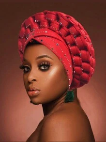 1pc Adjustable Muslim Hijab Auto Gele With Space Braid, Rhinestone Embellished African/ Cap Hair Sleep Cap - Hand-woven Hot Diamond - View 1