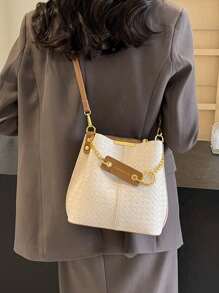 1 件 (8.66 英寸 * 8.66 英寸 * 4.72 英寸) 时尚女士单肩包，五金装饰，可调节细肩带，适合上班通勤、购物约会，优雅简约水桶包，编织压花装饰包沙滩包、斜挎包、书包、手提包、健身包、旅行箱、情人节、零钱包、化妆包、便宜、腰包、透明包、情人节礼物、背包、手提包、手机包、妈妈礼物。