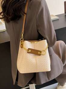 1 件 (8.66 英寸 * 8.66 英寸 * 4.72 英寸) 时尚女士单肩包，五金装饰，可调节细肩带，适合上班通勤、购物约会，优雅简约水桶包，编织压花装饰包沙滩包、斜挎包、书包、手提包、健身包、旅行箱、情人节、零钱包、化妆包、便宜、腰包、透明包、情人节礼物、背包、手提包、手机包、妈妈礼物。