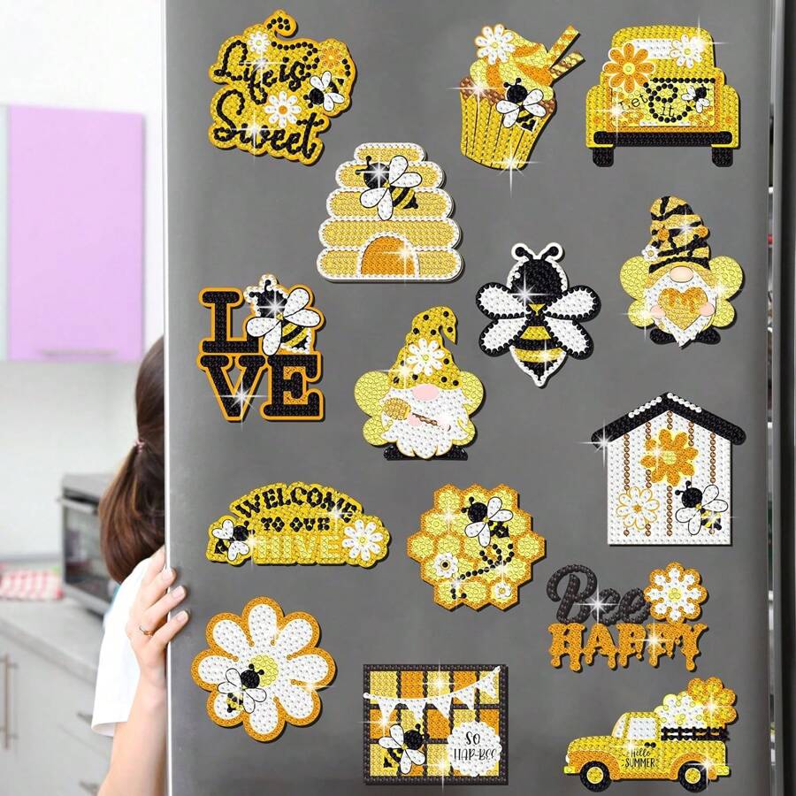 20入組冰箱和汽車用鑽石畫磁鐵，帶金屬表面的反光5D鑽石藝術DIY裝飾用於郵輪門和巡遊活動（大黃蜂）
