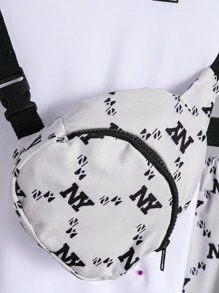 3 件套男童休闲白色字母图案 T 恤带口袋、松紧腰身印花短裤和斜挎包，夏季 - 白色 - 查看 8