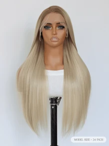 SALLYWELL 灰色漸層長直合成蕾絲前面假髮，預拔毛金色無膠13x4蕾絲前面假髮，耐高溫 - 漸變金色 - 查看 6