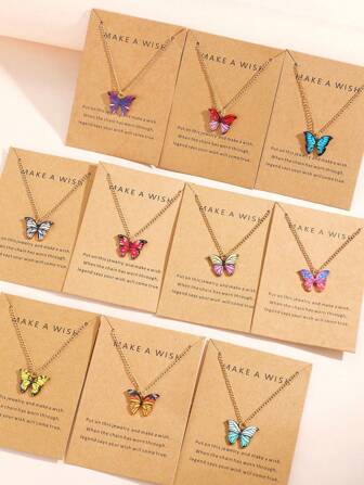 5-10 入組時尚簡約多巴胺彩蝶Y2K吊墜項鍊套裝，搭配祝福卡，適用於家庭、朋友、情侶、派對、節日、約會和日常穿戴，送禮佳品