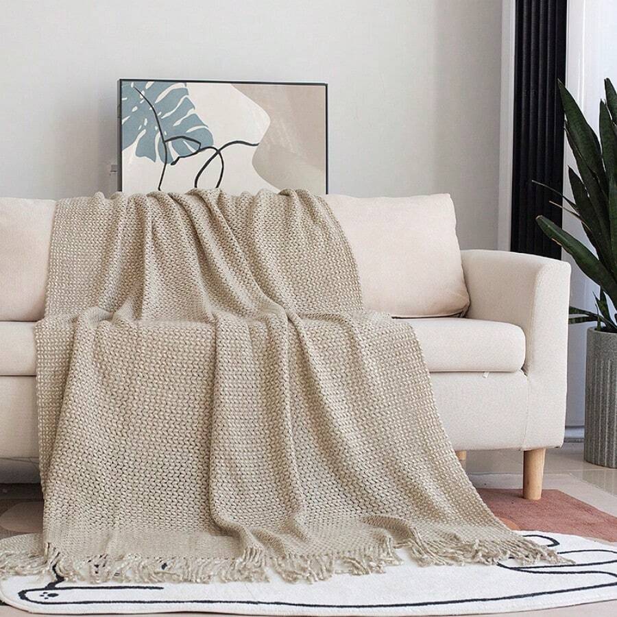 Manta de siesta suave con patrón de espiga de trigo bicolor, cubierta de sofá, para todas las estaciones - Beis - Ver 1