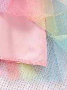 年輕女孩蕾絲蝴蝶印花網紗對比短袖裙，配蝴蝶結，可愛風格 - 白色 - 查看 7