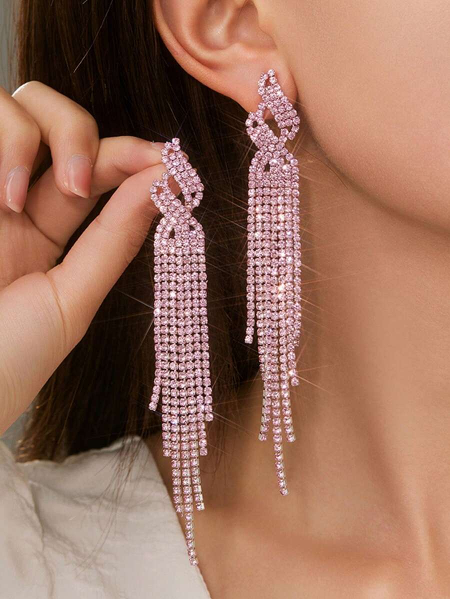 1pair Super Sparkly Full Rhinestone Long Tassel Earrings For Women, Suitable For Daily Wear - Baby Pink - View 1