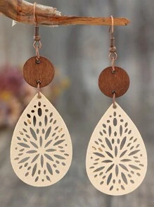 1對女性復古波西米亞風格中空花卉皮革和木製垂墜耳環（多色水滴形）