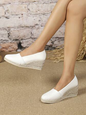 2025新款坡跟女鞋春秋圆头草编一脚蹬欧式高跟亚麻休闲舒适度假一脚蹬