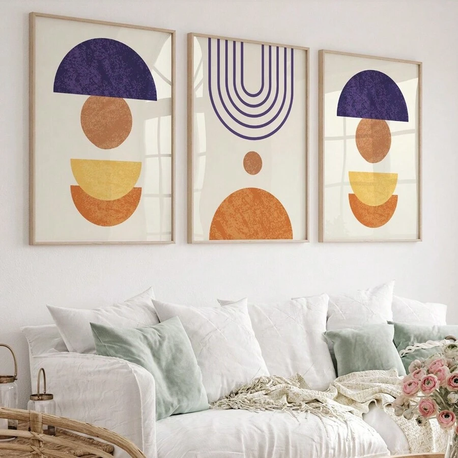 Bộ 3, Nghệ thuật treo tường phong cách Boho trừu tượng, In áp phích hình học, Tranh canvas, Trang trí nhà cửa, Thẩm mỹ trang trí phòng khách, 50*70 cm (19.7*27.5in) Có khung - A - Xem 1
