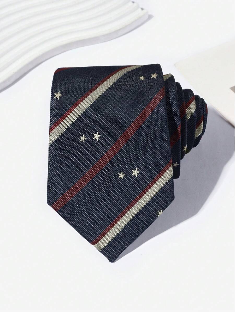 1pc 7cm Navy Blue Hand-Made Striped Unisex School Uniform Necktie, 1200 Denier Polyester, Graduation Season Men Necktie - Multicolor - View 1