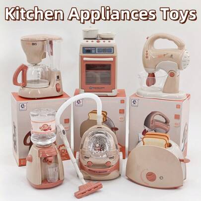 Christmas Decoration 1pc Miniature Kitchen Appliance Toy Set For Pretend Play, Includes Electric Coffee Maker, Blender, Toaster, Oven, Water Dispenser, Vacuum Cleaner With Realistic Light And Sound Effects, Suitable For Children Ages 3 And Up, For Boys And Girls, Birthday And Holiday Gift