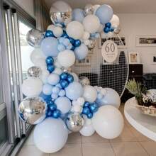 146pcs/Set Blue And White Balloon Arch Set, Light Blue And White Silver Balloon Wreath With 4D Silver Aluminum Foil Balloons, Light Blue And Silver Latex Balloons For Baptism, Birthday Party Decoration,Christmas