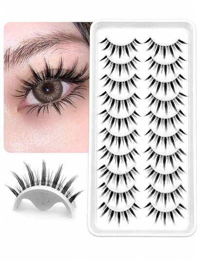 Asiteo ขนตาปลอมแบบช่อ ดูเป็นธรรมชาติ 10 คู่, ขนตาแกนสั้นใส พร้อมเอฟเฟกต์ดวงตาแบบมังงะ สำหรับขนตาปลอมแบบแถบ แต่งหน้าสไตล์การ์ตูน, ขนตา, ขนตาปลอม