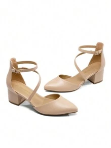 Women's Closed Pointed Toe Low Chunky Heels Pumps Ankle Strap Wedding Business Dressy Shoes - 杏色 - 查看 6