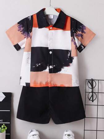 Young Boy Summer Outfits With Ink Printed Button Up Shirt And Shorts, Handsome And Stylish 2pcs Set For Children