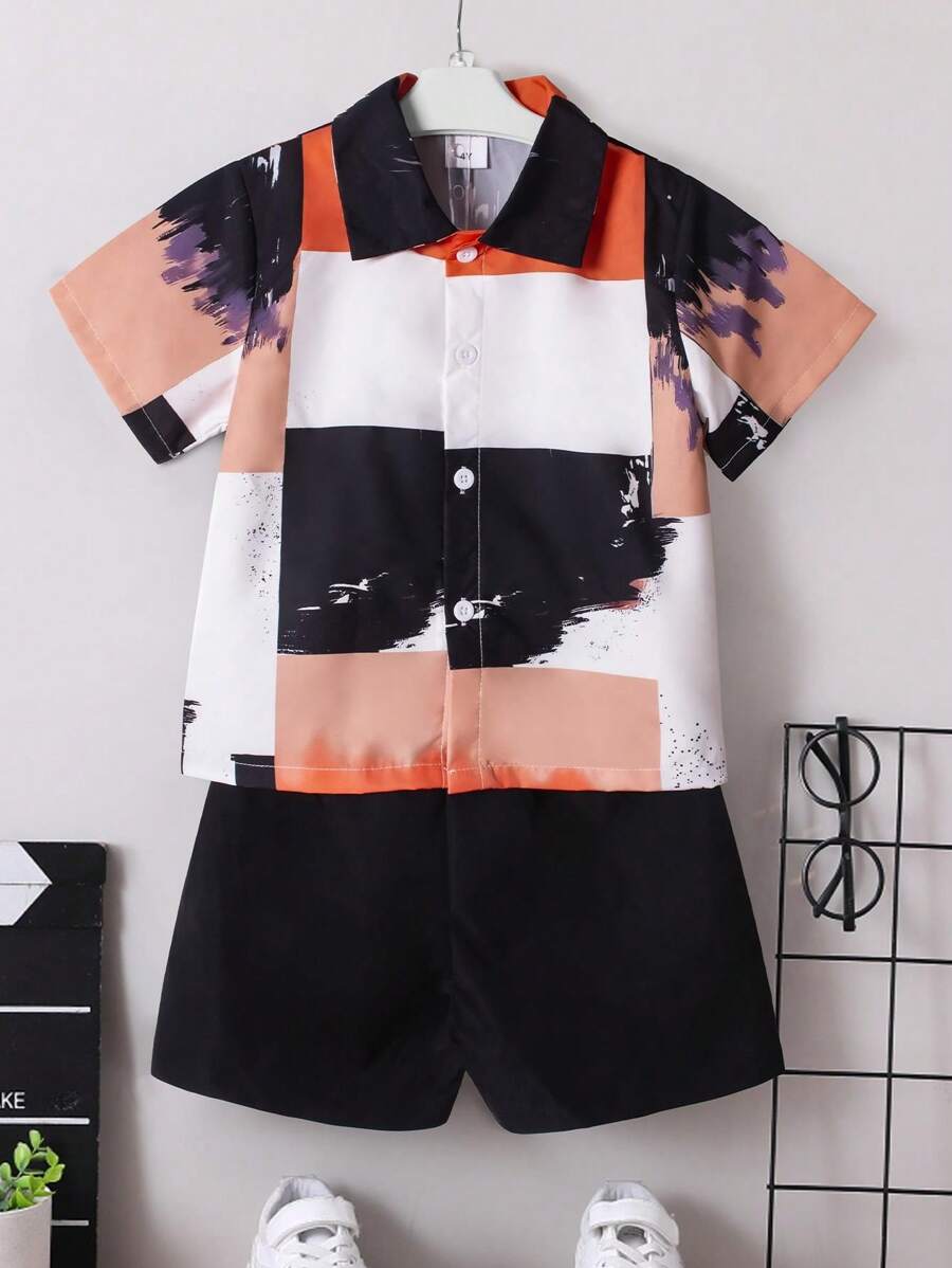 Young Boy Summer Outfits With Ink Printed Button Up Shirt And Shorts, Handsome And Stylish 2pcs Set For Children - Black and White - View 1