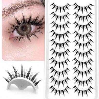 Asiteo 10对自然逼真的簇状假睫毛，短柄透明睫毛，卡通眼妆效果，适合卡通风格眼妆，条状假睫毛