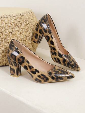New Pointed Low Vamp Chunky Heel Women's Shoes, With Horsehair, Sexy French Style Leopard Print Fashion High Heels