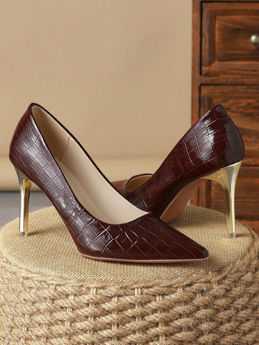 Damen bequeme Pumps mit Spitzschuh, rutschfeste Schlupfeinsätze, 3,5-Zoll-Absätze, modisch für Reisen, Einkaufen und Lässig, erhältlich in Apricot, Marineblau, Braun, Schwarz - Braun - Übersicht 1