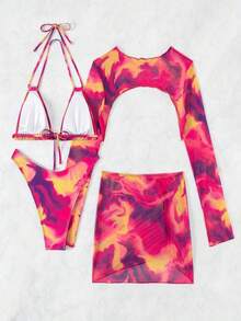 Conjunto De Bikini De Varios Piezas Con Estampado Floral,Sujetador Con Cordones Y Bottom Fruncida,Conjunto De Tankini Fruncido Con Cordón Y Estampado Floral,Traje De Baño Separado De Varias 4 Piezas - Rosa Fucsia - Ver 5