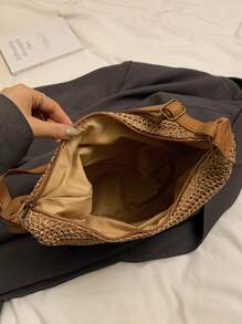 女士时尚编织单肩包、新款单肩包和斜挎包、适合休闲和时尚装扮的百搭手提包 - 卡其色 - 查看 8