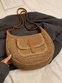 女士时尚编织单肩包、新款单肩包和斜挎包、适合休闲和时尚装扮的百搭手提包 - 卡其色 - 查看 5