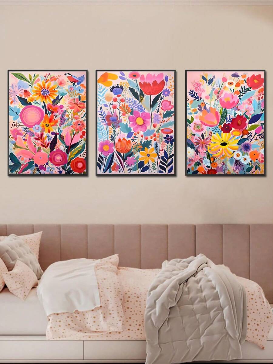 3入組無框帆布海報，復古藝術，卡通和野花藝術油畫海報，適用於臥室、客廳、餐廳、廚房、書房、浴室、走廊、宿舍房，壁畫、壁飾、家居裝飾、房間裝飾帆布印刷完美禮物