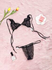 2pcs Black Sheer Polka Dot Three Piece Lingerie Set Suitable For Home Use,Women - Black - View 7