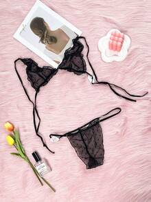 2pcs Black Sheer Polka Dot Three Piece Lingerie Set Suitable For Home Use,Women - Black - View 8