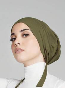 1 件纯色简约时尚柔软舒适系带头巾头巾帽，适合日常生活和户外运动 - 軍綠色 - 查看 4