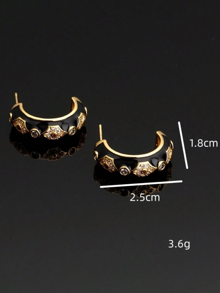 1 par de nuevos pendientes en forma de C con esmalte negro y cristal, de estilo europeo y americano, elegantes y personalizados para mujeres - Multicolor - Añade 2