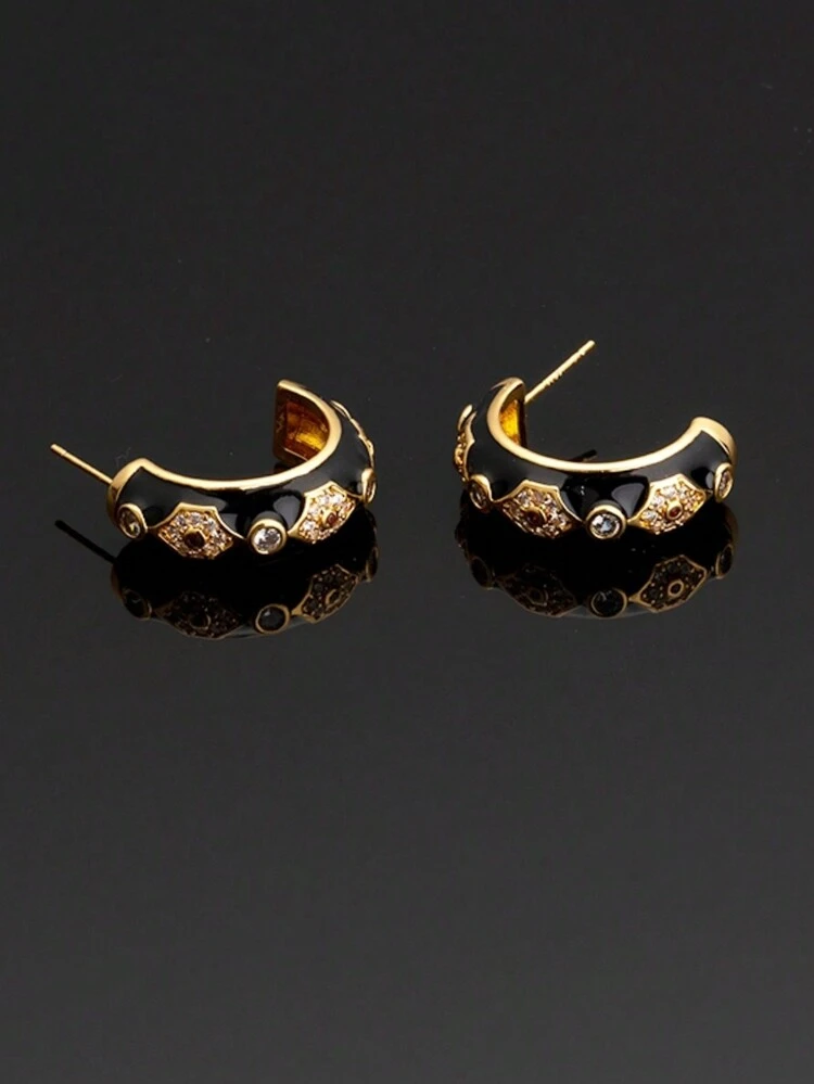 1 par de nuevos pendientes en forma de C con esmalte negro y cristal, de estilo europeo y americano, elegantes y personalizados para mujeres - Multicolor - Añade 7