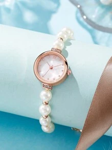 1pc Fashion Faux Pearl Bracelet Wrist Watch With Rhinestone Dial & Metal Strap, Suitable For Birthday, Halloween, Gift - White - View 2