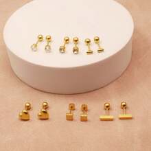 PMKMKM 6對/套時尚不鏽鋼18K金鍍立方氧化鋯心形/棒形/圓形耳釘珠寶套裝 - 金色 - 查看 6